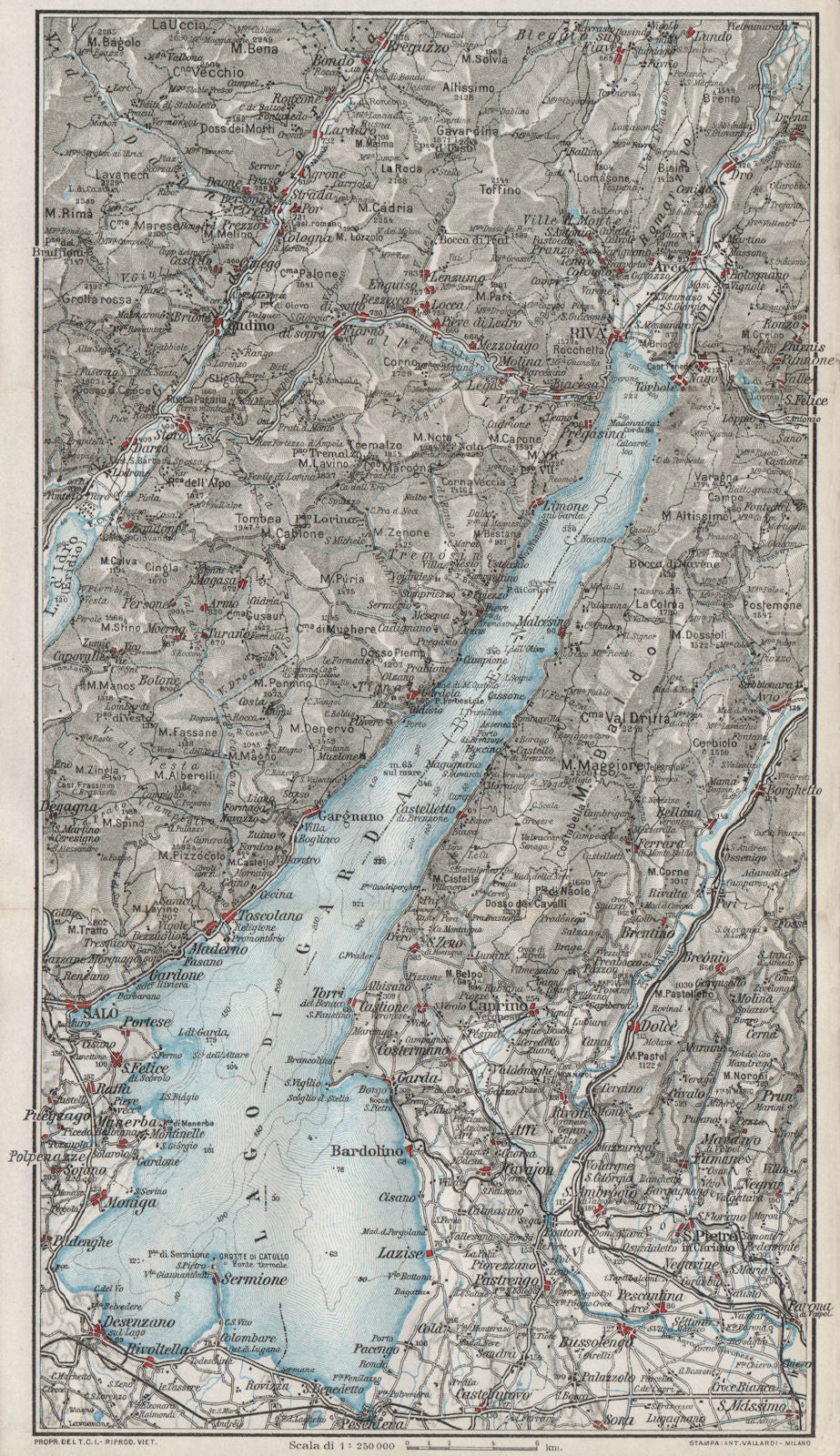 LAKE LAGO DI GARDA. Vintage map plan. Salo Riva. Italy 1924 old antique
